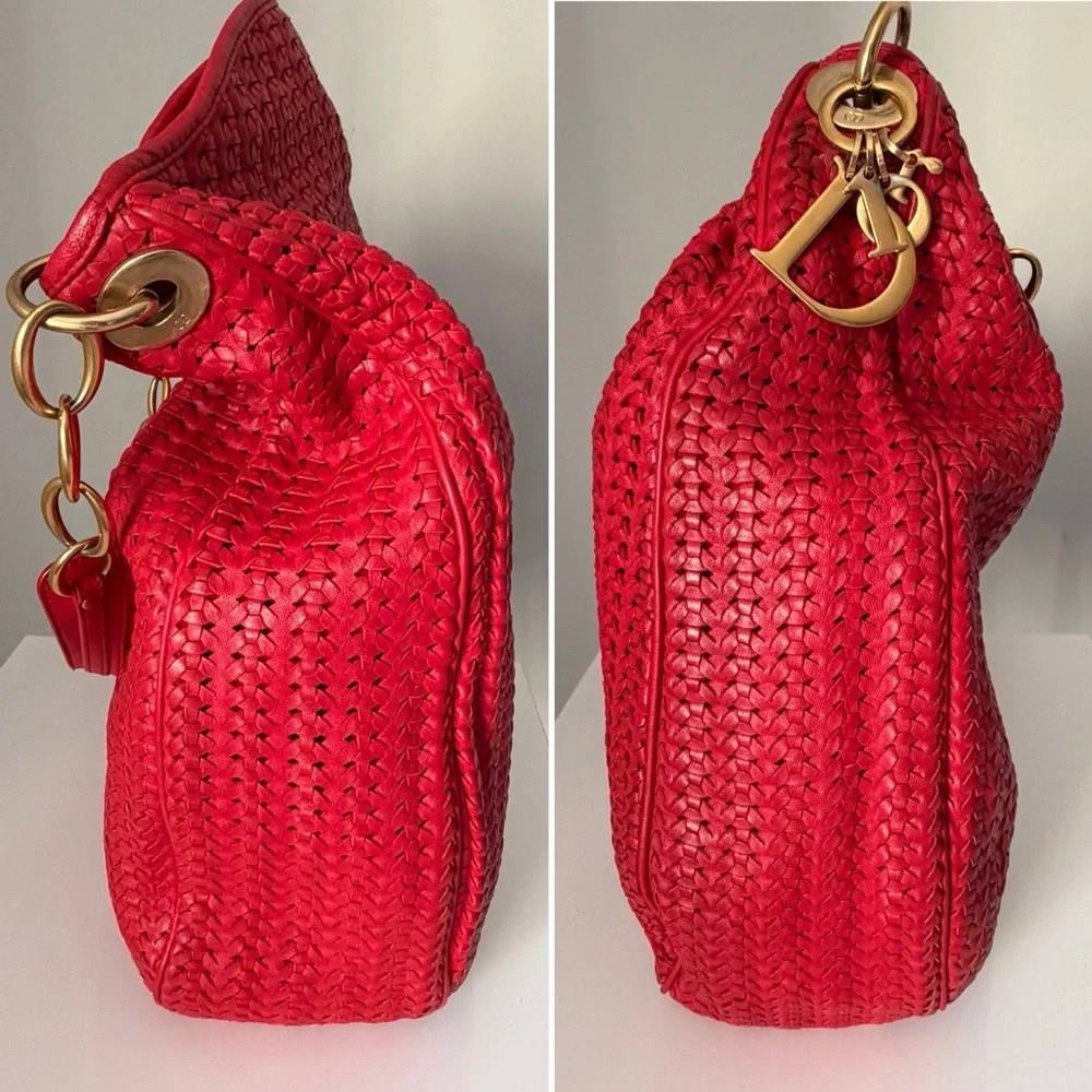 Christian Dior Avenue Woven Leather Tote Red with Gold Tone Hardware